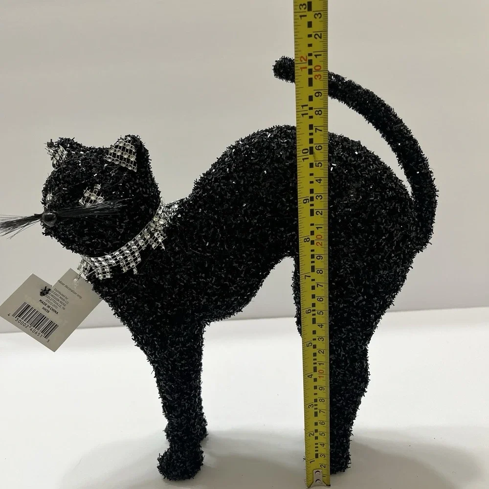 Halloween Black Table Cat Sparkly Black Tinsel Rhinestone Collar Eyes Ears 12